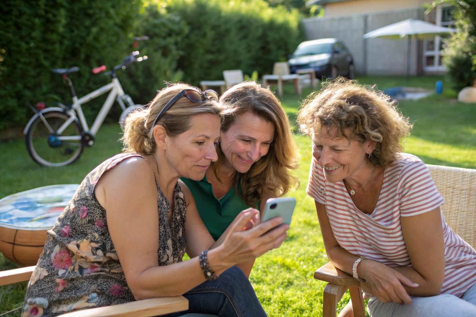 Une image en plein air représente trois femmes souriantes se penchant sur un téléphone, la femme au milieu le tenant. Elles sont assises dans un jardin ensoleillé, avec des meubles de patio et un vélo en arrière-plan.