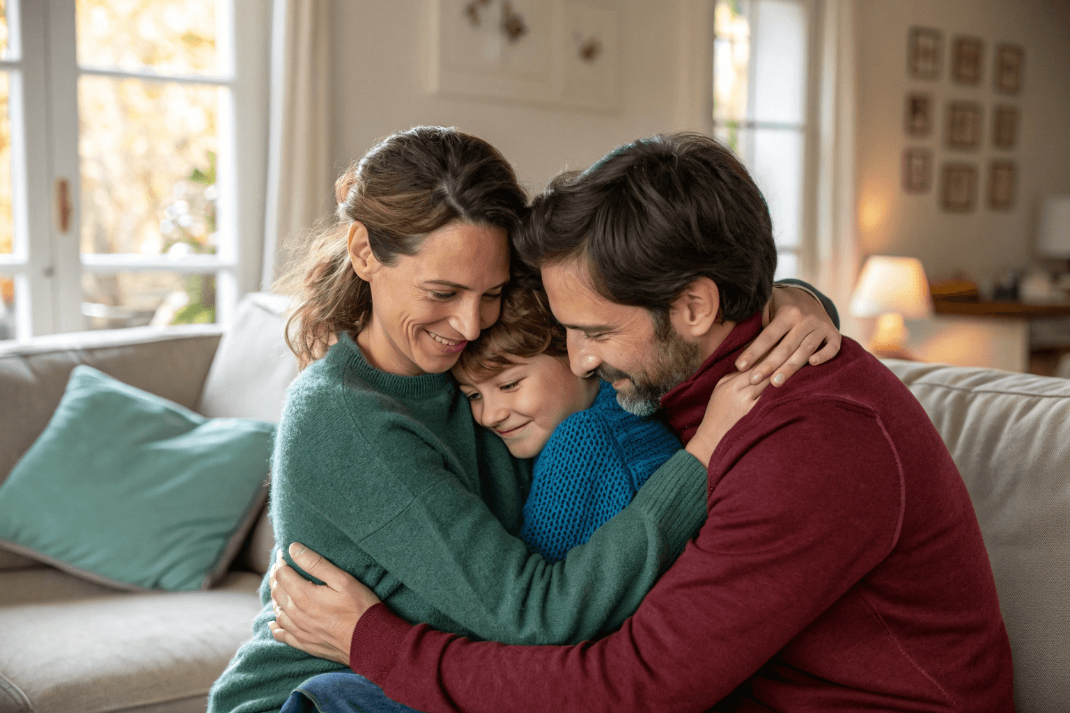 Une famille souriante composée d'une femme, d'un homme et d'un enfant, se serrant dans les bras sur un canapé clair dans un salon lumineux. La femme est à gauche, portant un pull vert d'eau, l'homme à droite, portant un pull bordeaux, et l'enfant est au centre, portant un pull bleu. Ils se regardent tous avec tendresse, les yeux fermés pour l'enfant et l'homme.